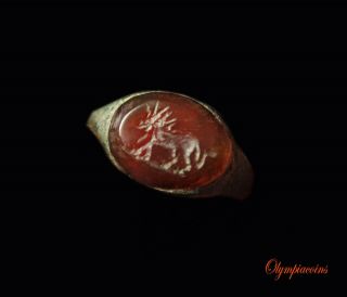 Ancient Roman Bronze Ring Lion On Red Carnelian Gemstone