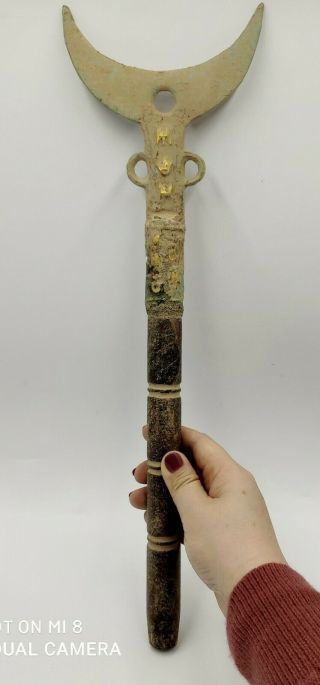 44.  0 Cm Old Bronze - Inlay Jade Ancient Weapon Tool Axe Knife Moon Shaped