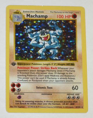 Pokemon Card Machamp 1st Edition Holo Shadowless 8/102 From 1999 Base Set Vinta
