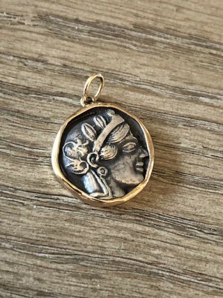 14K Solid Gold and Sterling Silver - Athena Coin Pendant Ancient Greek Goddess 2