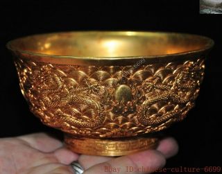 Chinese Ancient Bronze 24k Gold Gilt Dragon Loong Dynasty Palace Tea Cup Bowl