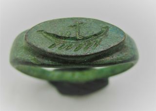 Rare Ancient Roman Military Bronze Seal Ring With Galley Ship
