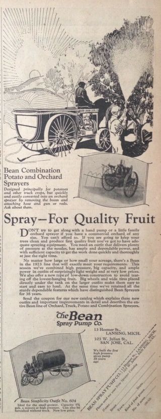 1923 Ad.  (xd21) Bean Spray Pump Co.  Lansing,  Mi.  Bean Potato And Orchard Sprayer