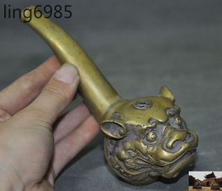 Collect China Ancient Bronze Foo Dog Beast Head Tobacco pouch pipe Smoking Tools 2