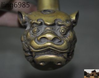 Collect China Ancient Bronze Foo Dog Beast Head Tobacco pouch pipe Smoking Tools 3