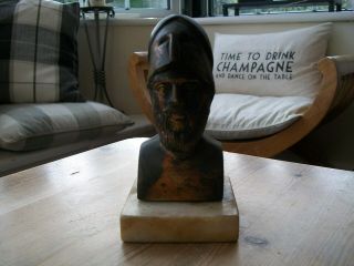 BRONZE BUST OF ANCIENT GREEK SOLDIER ON MARBLE PLINTH 2