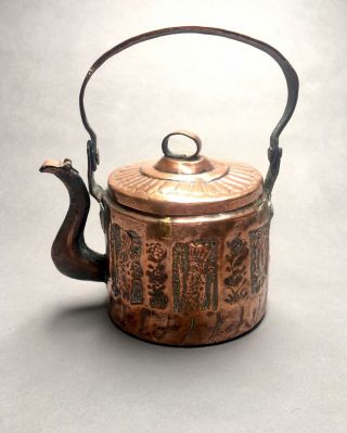 ANCIENT COPPER TEAPOT OR KETTLE HAND HAMMERED WITH PANELS DEPICTING KINGS 2