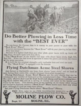 1914 Ad.  (xc18) Moline Plow Co.  Ill.  Flying Dutchman Acme Steel Shares