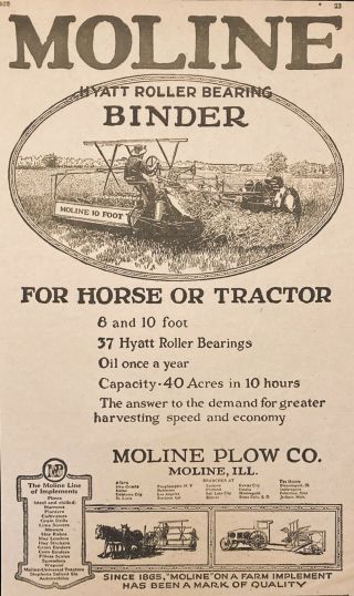 1920 Ad.  (xg3) Moline Plow Co.  Moline,  Ill.  Hyatt Roller Bearing Binder