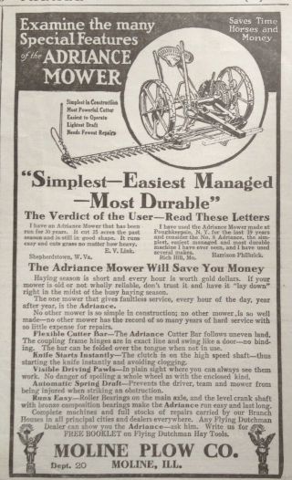 1914 Ad.  (xc18) Moline Plow Co.  Ill.  Adriance Flexible Cutter Bar Mower