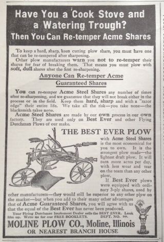 1913 Ad.  (xc18) Moline Plow Co.  Ill.  Acme Steel Shares On Best Ever Plow
