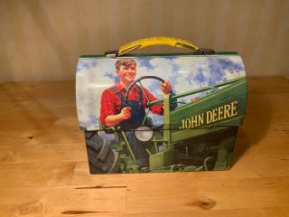 John Deere Barn Shaped Lunch Box Young Man Driving A Tractor 7 " X6 " Tin
