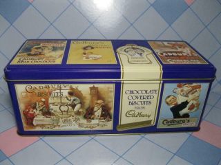 Cadbury Chocolate Covered Biscuits Tin - Hinged Lid - Cond 8.  5 " X 3/5 " X 3.  25 "
