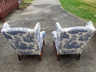 vintage blue and white Toile de Jouy wingback arm chairs 2
