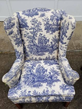 vintage blue and white Toile de Jouy wingback arm chairs 3