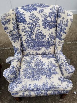 vintage blue and white Toile de Jouy wingback arm chairs 4