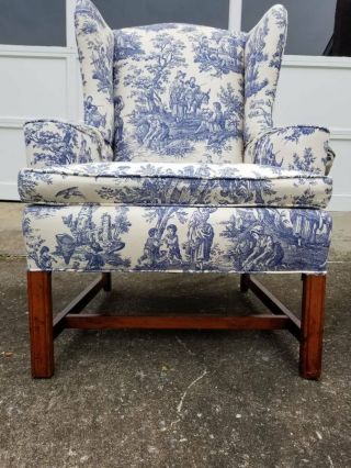 vintage blue and white Toile de Jouy wingback arm chairs 5