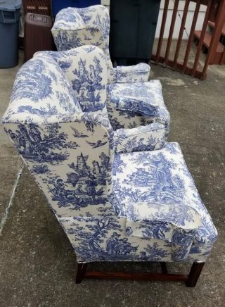 vintage blue and white Toile de Jouy wingback arm chairs 6