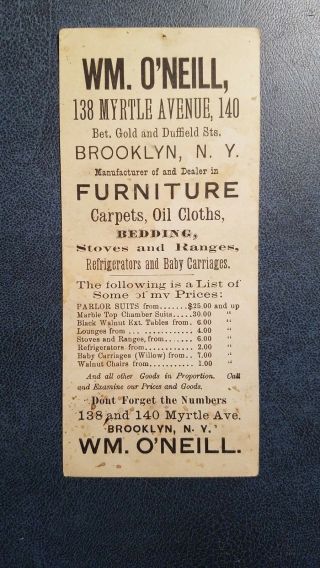 1880s Myrtle Ave Brooklyn NYC Trade Card WM.  O ' Neill Furniture Woman w/ Umbrella 2