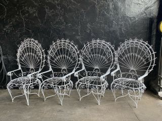 Vintage Set Of 4 Wrought Iron Metal Peacock Chairs