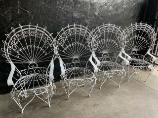 Vintage Set Of 4 Wrought Iron Metal Peacock Chairs 3