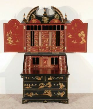 Vintage Chinese Chippendale Black & Red Lacquer Chinoiserie Secretary Bookcase