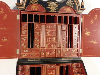 VINTAGE Chinese Chippendale Black & Red Lacquer Chinoiserie Secretary Bookcase 2
