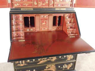 VINTAGE Chinese Chippendale Black & Red Lacquer Chinoiserie Secretary Bookcase 4
