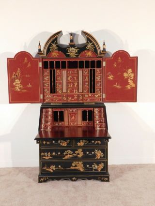 VINTAGE Chinese Chippendale Black & Red Lacquer Chinoiserie Secretary Bookcase 5