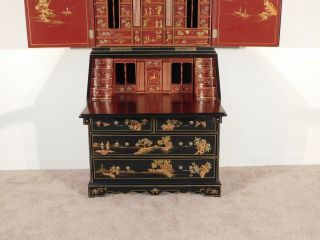 VINTAGE Chinese Chippendale Black & Red Lacquer Chinoiserie Secretary Bookcase 6