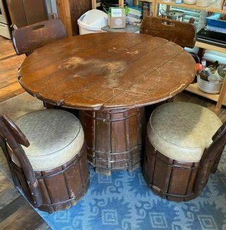 Vintage Rare Numbered & Signed Old Hickory Barrel Table W/4 Chairs,