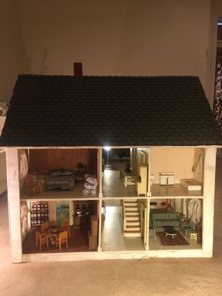Doll House Vintage Handmade Solid Wood Double Sided w/ Vintage Furniture 4
