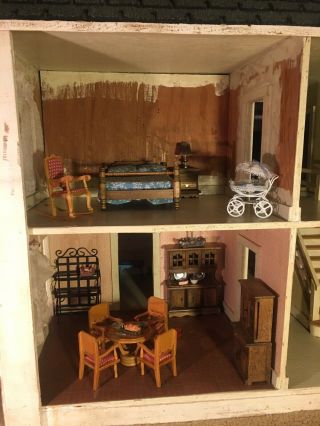 Doll House Vintage Handmade Solid Wood Double Sided w/ Vintage Furniture 5