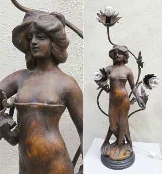 Antique Spelter Bronzed French Semi Nude Lady Lamp Nouveau Figurine Newel Vintag