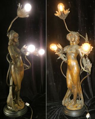 Antique Spelter Bronzed French semi nude lady lamp Nouveau Figurine newel Vintag 2