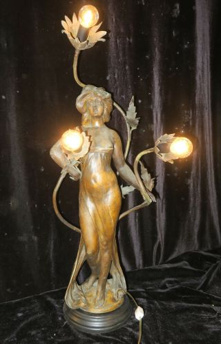 Antique Spelter Bronzed French semi nude lady lamp Nouveau Figurine newel Vintag 4