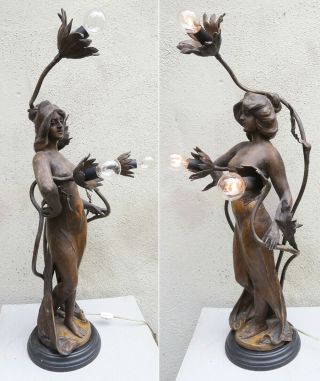 Antique Spelter Bronzed French semi nude lady lamp Nouveau Figurine newel Vintag 5