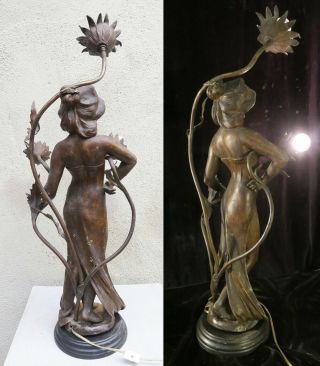 Antique Spelter Bronzed French semi nude lady lamp Nouveau Figurine newel Vintag 6