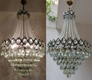 Matching Antique Vintage Brass & Crystals French Giant Chandeliers Light