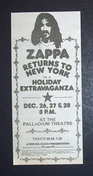 Frank Zappa Holiday Show Palladium,  Nyc 1976 Mini Poster Type Concert Ad,  Advert