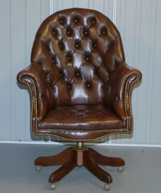VINTAGE MAHOGANY BROWN LEATHER CHESTERFIELD TUFTED CAPTAINS DIRECTORS ARMCHAIR 2