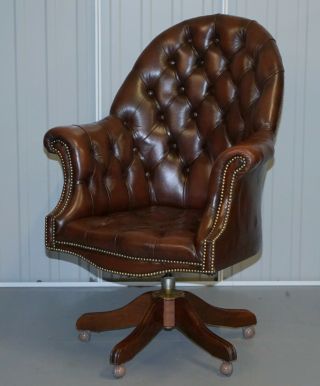 VINTAGE MAHOGANY BROWN LEATHER CHESTERFIELD TUFTED CAPTAINS DIRECTORS ARMCHAIR 3