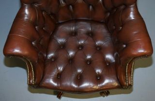 VINTAGE MAHOGANY BROWN LEATHER CHESTERFIELD TUFTED CAPTAINS DIRECTORS ARMCHAIR 4