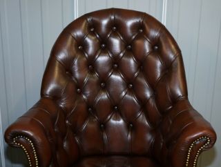 VINTAGE MAHOGANY BROWN LEATHER CHESTERFIELD TUFTED CAPTAINS DIRECTORS ARMCHAIR 5