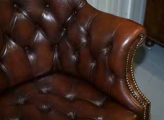 VINTAGE MAHOGANY BROWN LEATHER CHESTERFIELD TUFTED CAPTAINS DIRECTORS ARMCHAIR 6