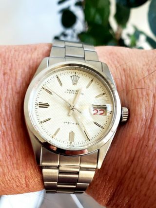Vintage Rolex Oysterdate Precision Red Date Ivory Stainless Steel Watch,  34 Mm