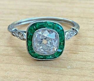 Vintage Art Deco Platinum Diamond & Emerald Engagement Ring,  Diamond Halo Ring