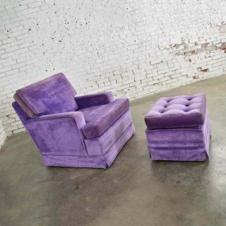 Mid Century Modern Purple Velvet Lawson Style Vintage Club Chair And Ottoman