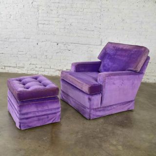 Mid Century Modern Purple Velvet Lawson Style Vintage Club Chair and Ottoman 3