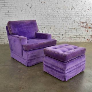 Mid Century Modern Purple Velvet Lawson Style Vintage Club Chair and Ottoman 4